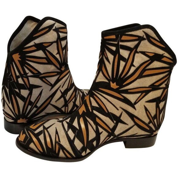 Jimmy Choo boots women Ankle Canvas Linen Black Palm leaf zip 6.5 37 new RARE - Picture 2 of 7